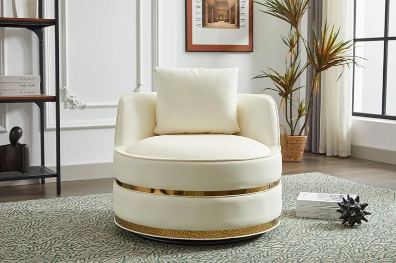 Accent Chair White Boucle Texture Swivel Base Barrel Silhouette