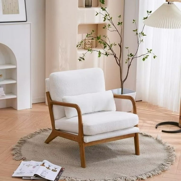 Accent Chair White Fabric Wood Frame Matching Pillow Minimalist