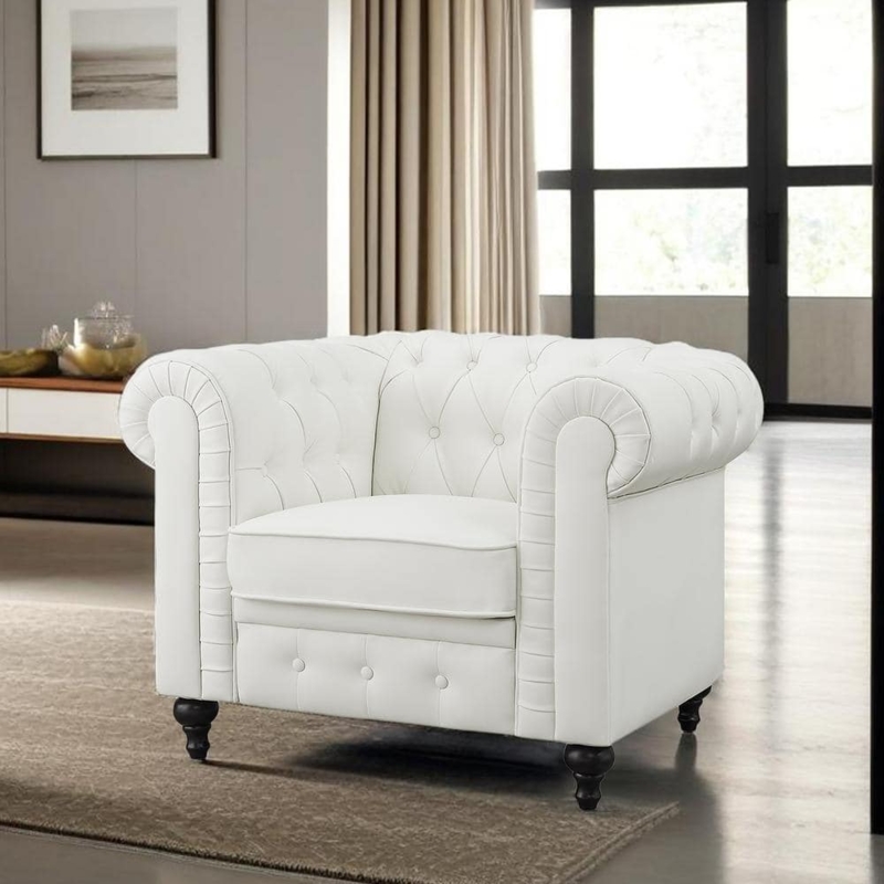 Accent Chair White Faux Leather Chesterfield Diamond Tufted Nailhead Trim