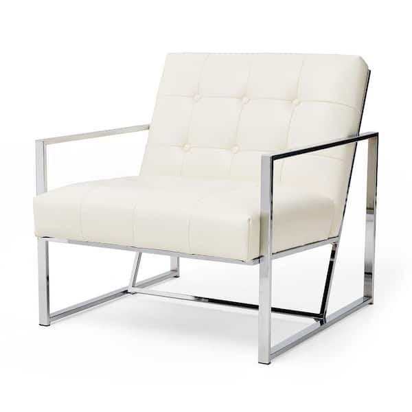 Accent Chair White Leather-Like Button Tufted Chrome X-Frame