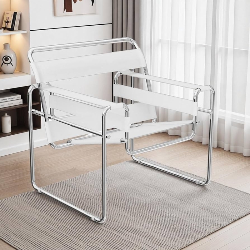 Accent Chair White Leather-Like Sling Seat Polished Cantilever Base