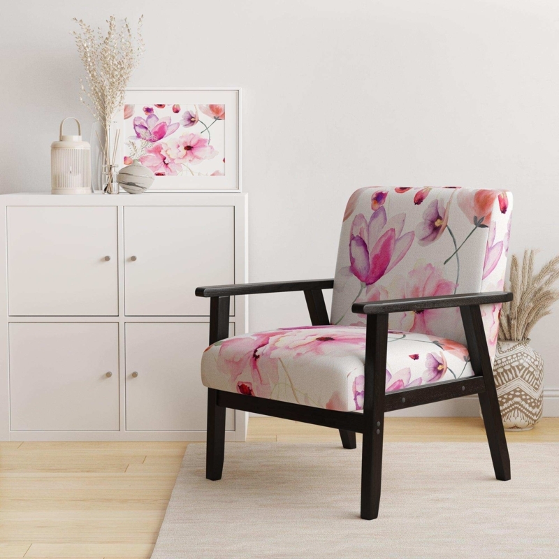 Accent Chair White Pink Floral Barrel with Gold Metal Legs