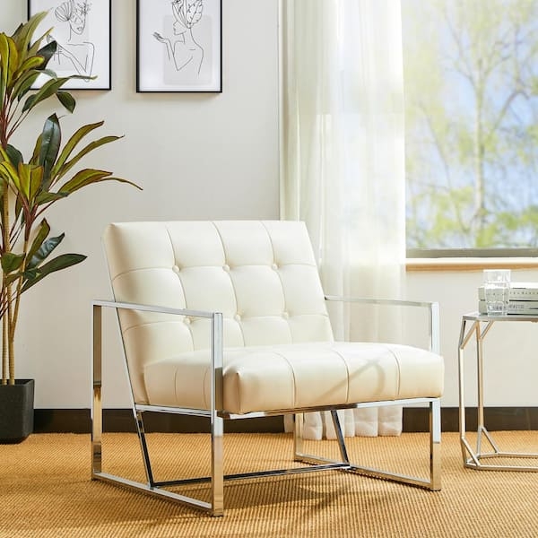 Accent Chair White Smooth Upholstery Tufted Silver Metal Square Frame