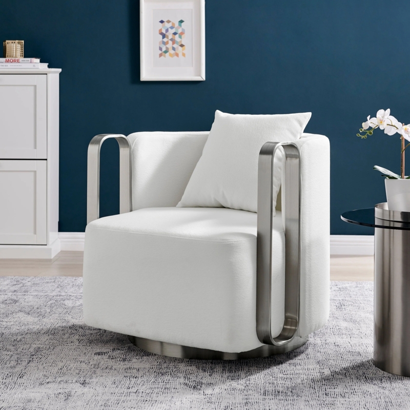 Accent Chair White Swivel with Brushed Nickel Pedestal Base Contemporary