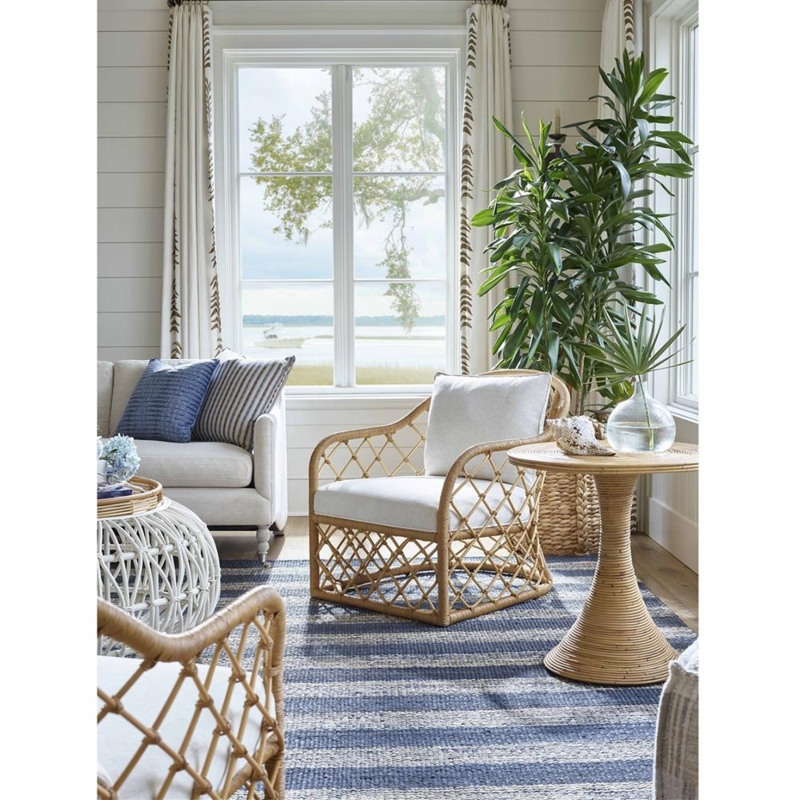 Accent Chair White Upholstery Rattan Cane Arms Coastal Wood Frame