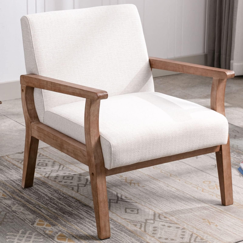 Accent Chair Whitewashed Legs Sloped Arms, White Linen Farmhouse Chair