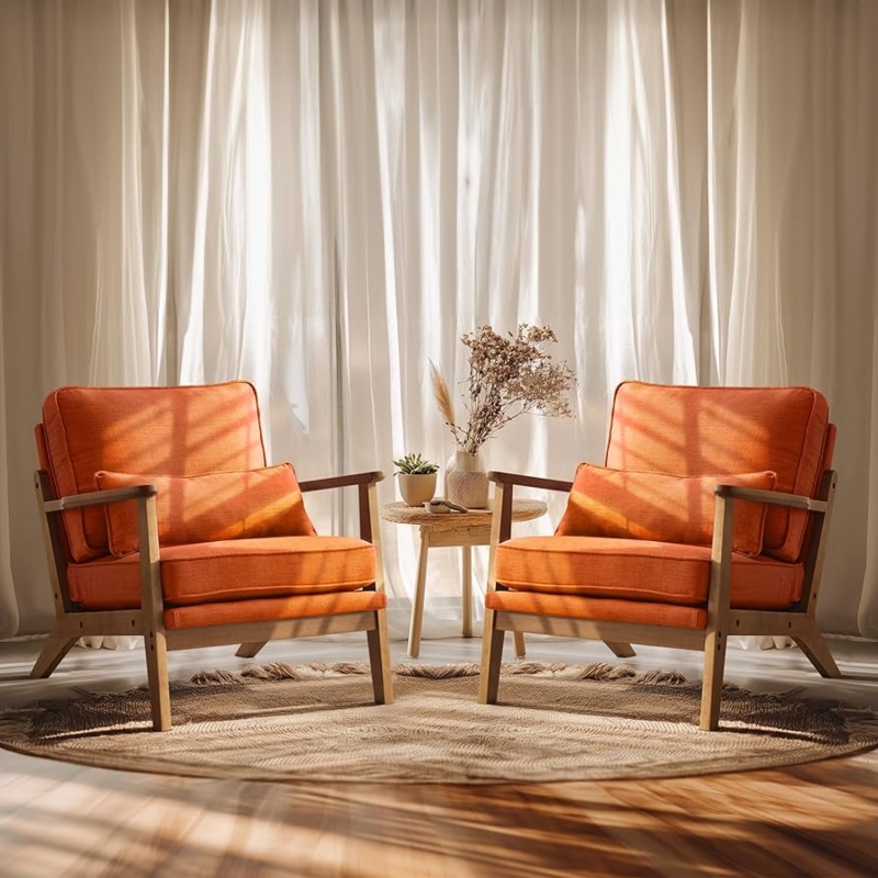 Accent Chair, Wide Armrests, Vibrant Orange Upholstery for Retro Lounge