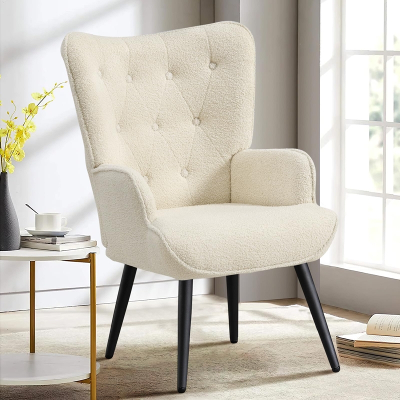 Accent Chair Wingback Button Tufted Ivory White Boucle Armchair