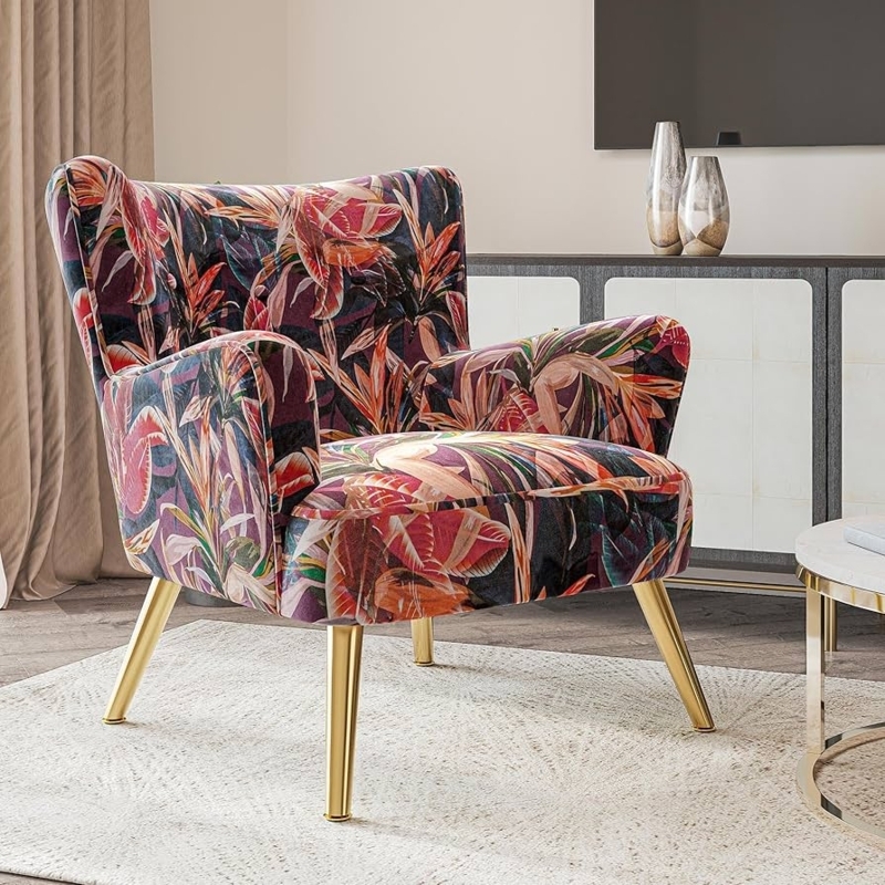 Accent Chair, Wingback with Red and Teal Floral Pattern and Black Legs