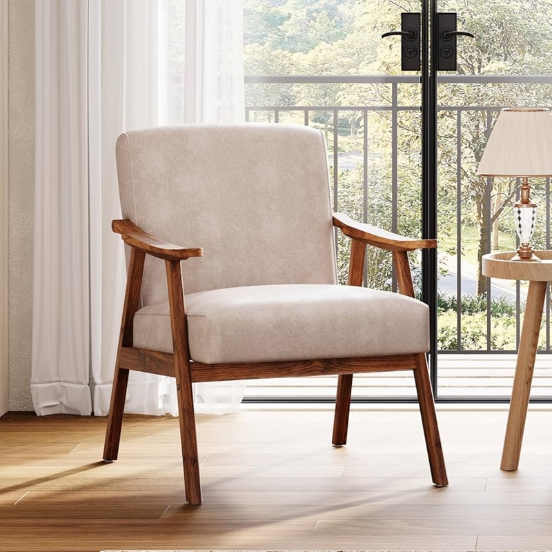 Accent Chair with Architectural Wood Frame, Camel Upholstered Mid Century