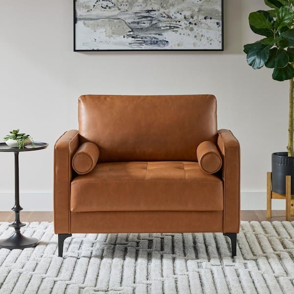 Accent Chair with Bolster Pillows Boxy Faux Leather Lounge Chair