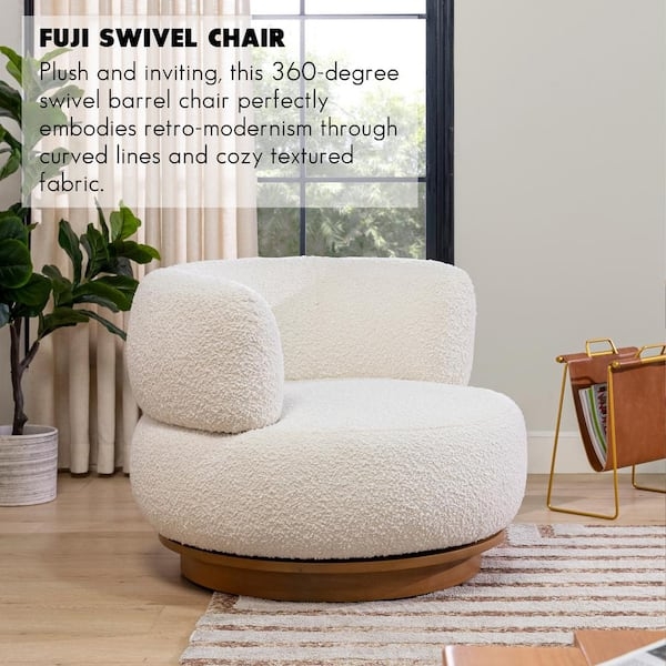 Accent Chair with Boucle Texture and Swivel Base in Ivory Barrel Back