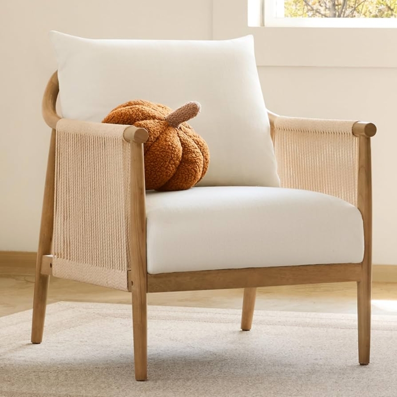 Accent Chair with Braided Back & Wood Arms, Modern Cream Boho Seat