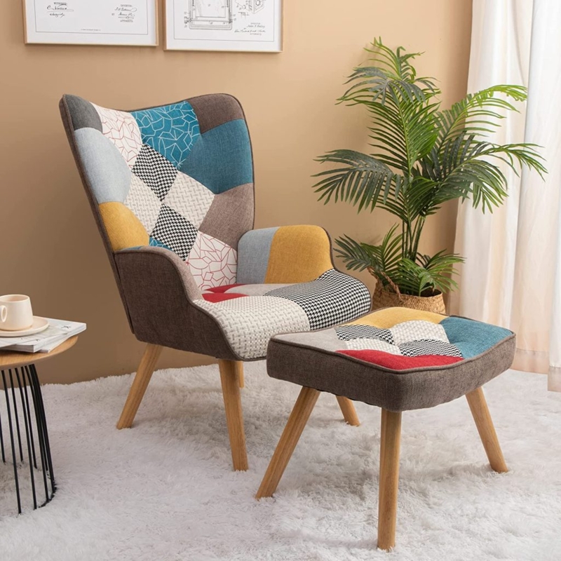 Accent Chair with Color Blocked Upholstery, Sculptural Wood Frame Boho