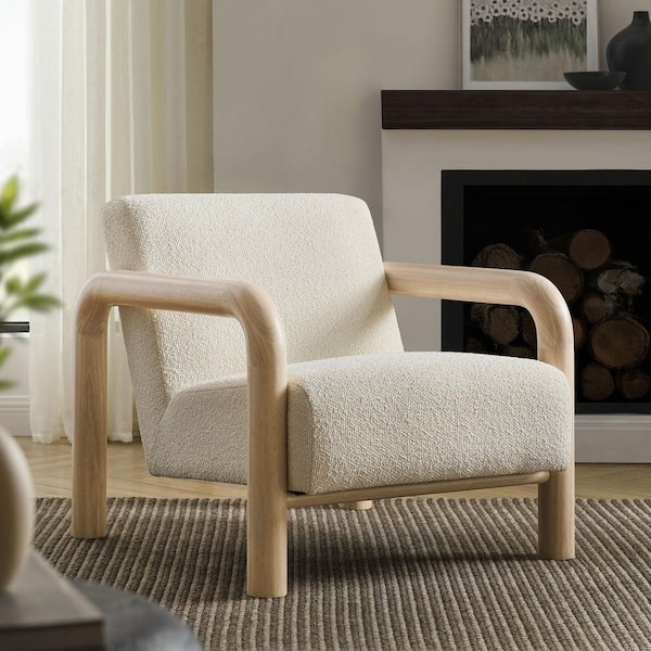 Accent Chair with Continuous Rounded Wood Armrests and Boucle
