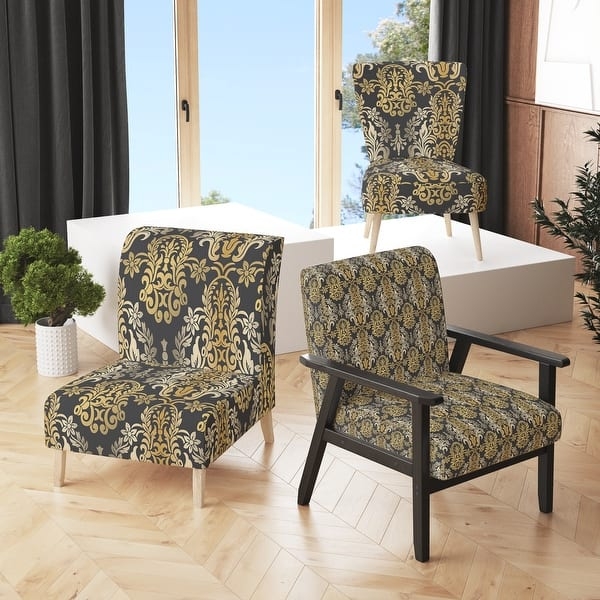Accent Chair with Curved Wooden Frame and Gold Damask Upholstery