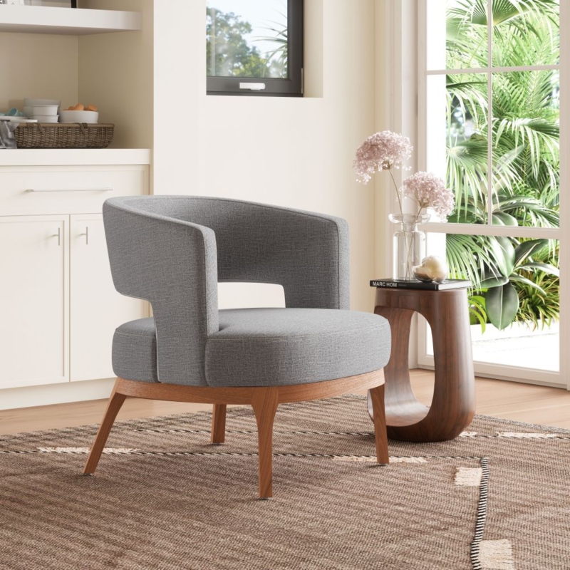 Accent Chair with Curved Wrap Around Back in Slate Gray Upholstery