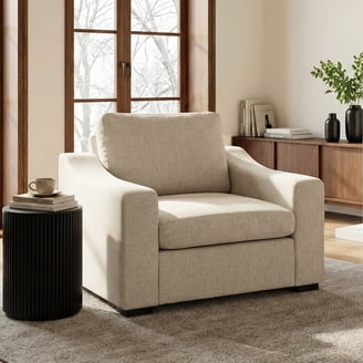 Accent Chair with Deep Seat in Oatmeal Linen-Like Fabric for Reading