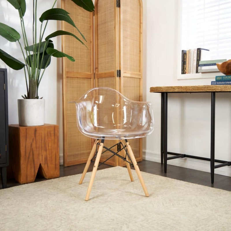Accent Chair with Eiffel Base and Wood Legs, Clear Acrylic Shell