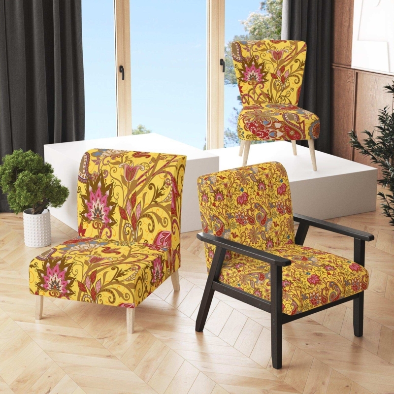 Accent Chair with Ethnic Print, Sloping Arms Boho Eclectic Red Gold