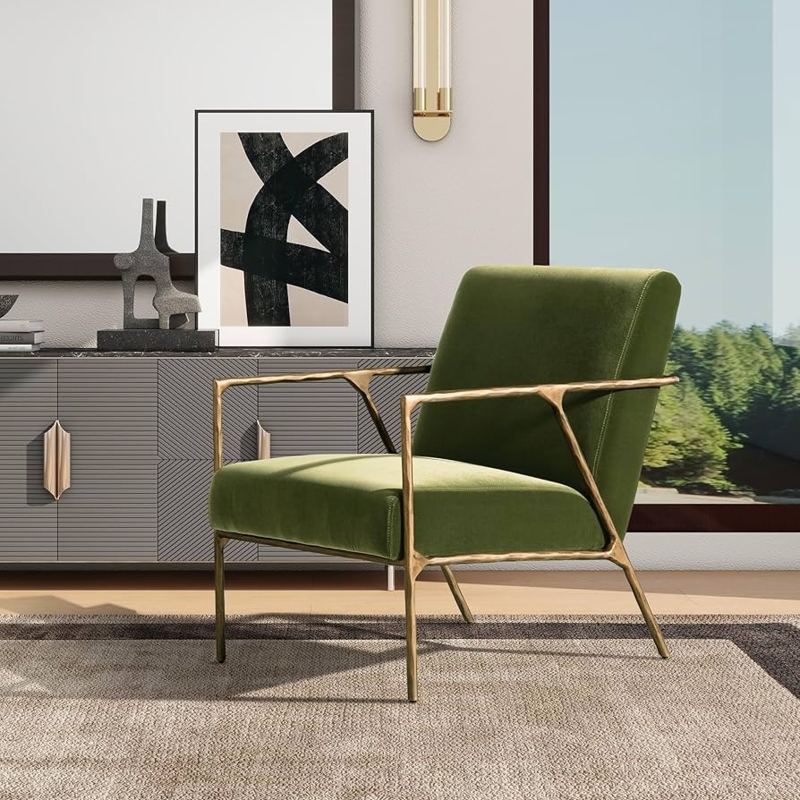 Accent Chair with Hammered Brass Frame & Olive Green Performance Velvet
