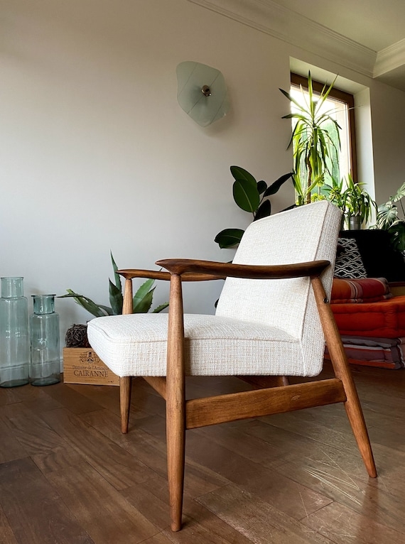 Accent Chair with Low-Slung Silhouette and Wing Back Curve in Beige