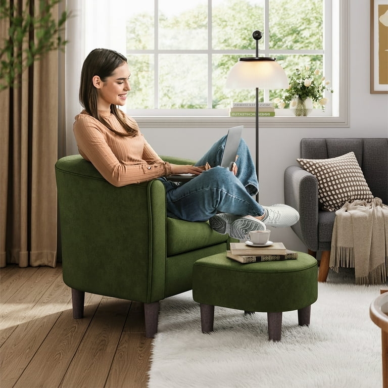 Accent Chair with Matching Ottoman Olive Green Velvet Curved Back