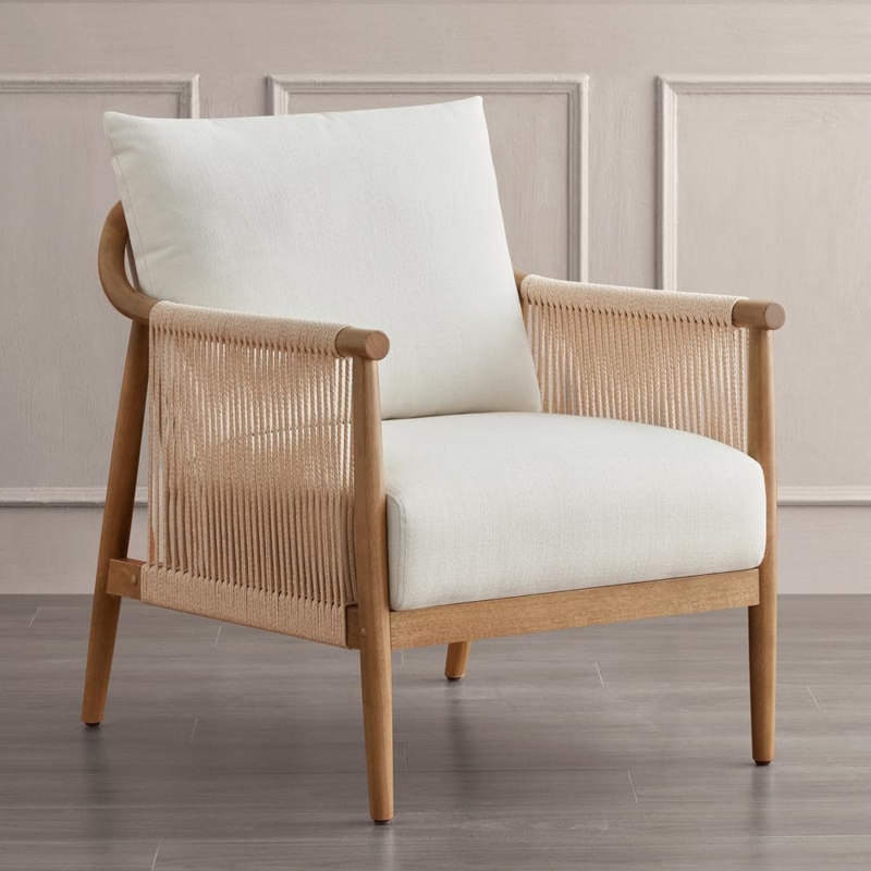 Accent Chair with Open Wooden Frame and Woven Cream Upholstery