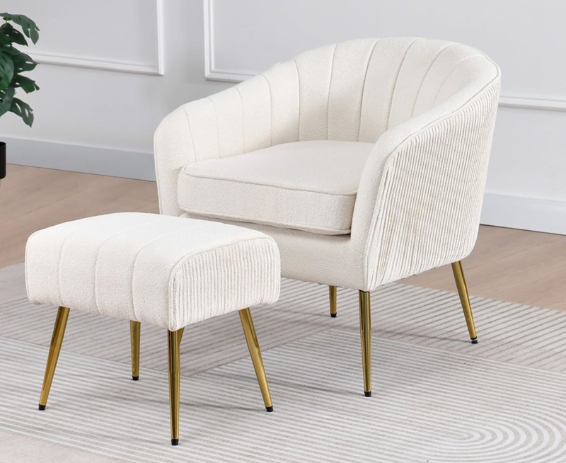 Accent Chair with Ottoman Boucle Texture Barrel Back Plinth Base