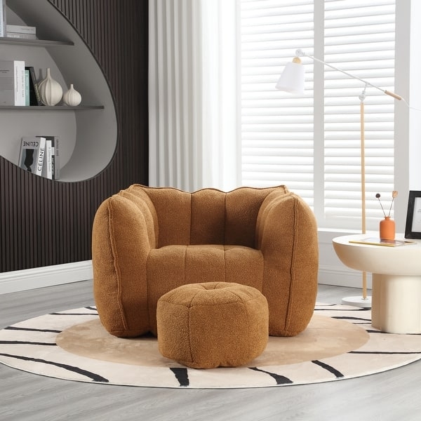 Accent Chair with Ottoman, Cozy Cream Chenille Barrel Back & Tapered Legs