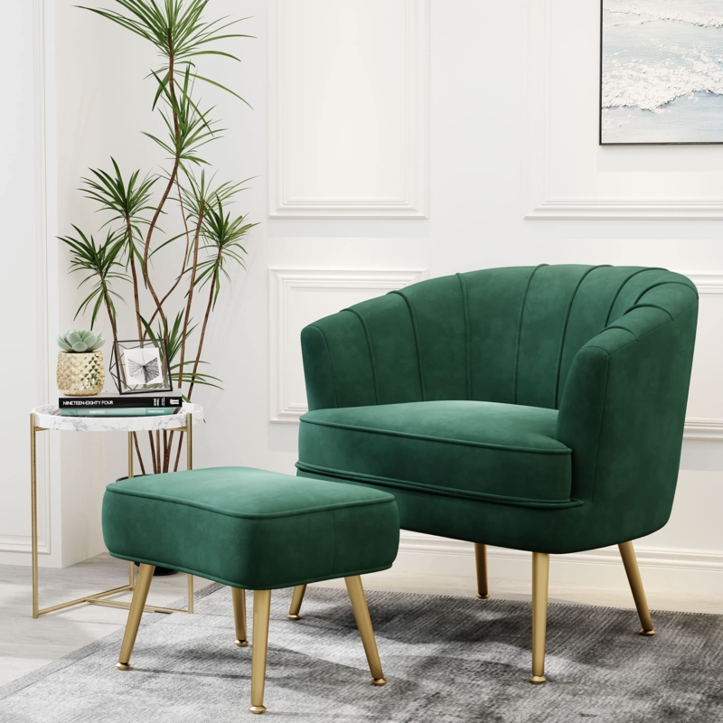 Accent Chair With Ottoman Emerald Green Velvet Channel Tufted Gold Legs