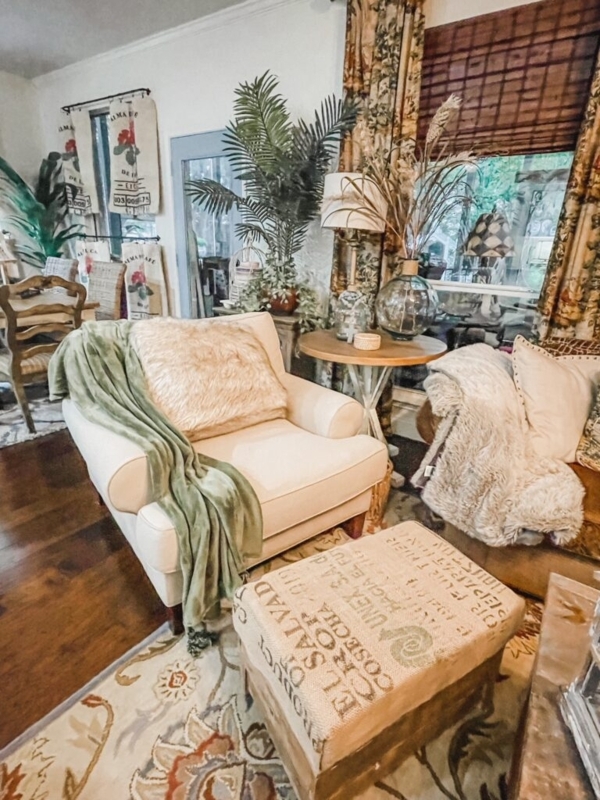Accent Chair with Ottoman French Country Curved Wood Linen Like