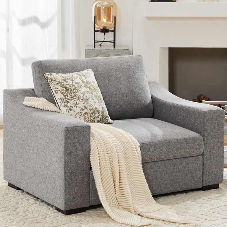 Accent Chair with Oversized Seat in Light Gray Linen-Like Fabric