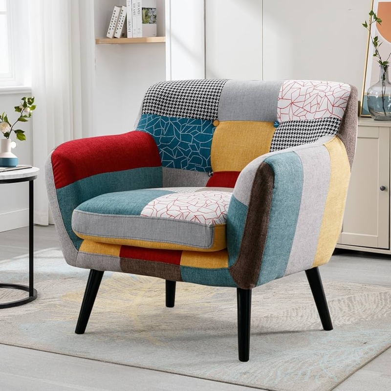 Accent Chair with Patchwork Upholstery, Barrel Silhouette Boho Eclectic