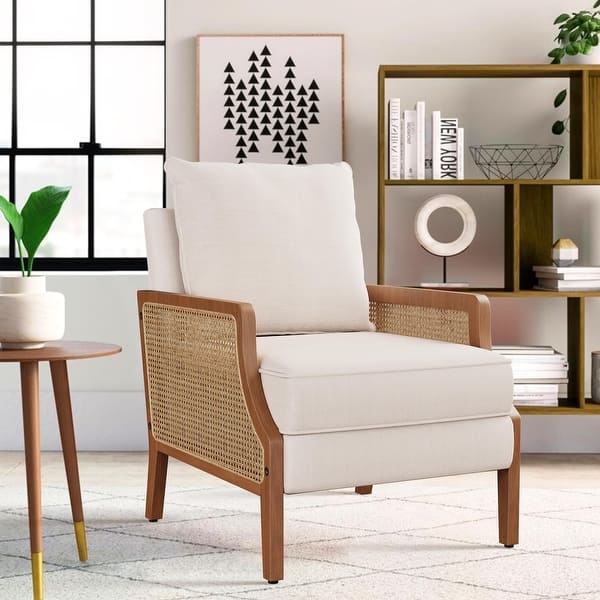Accent Chair with Rattan Arms Cognac Leather Look and Ottoman Set