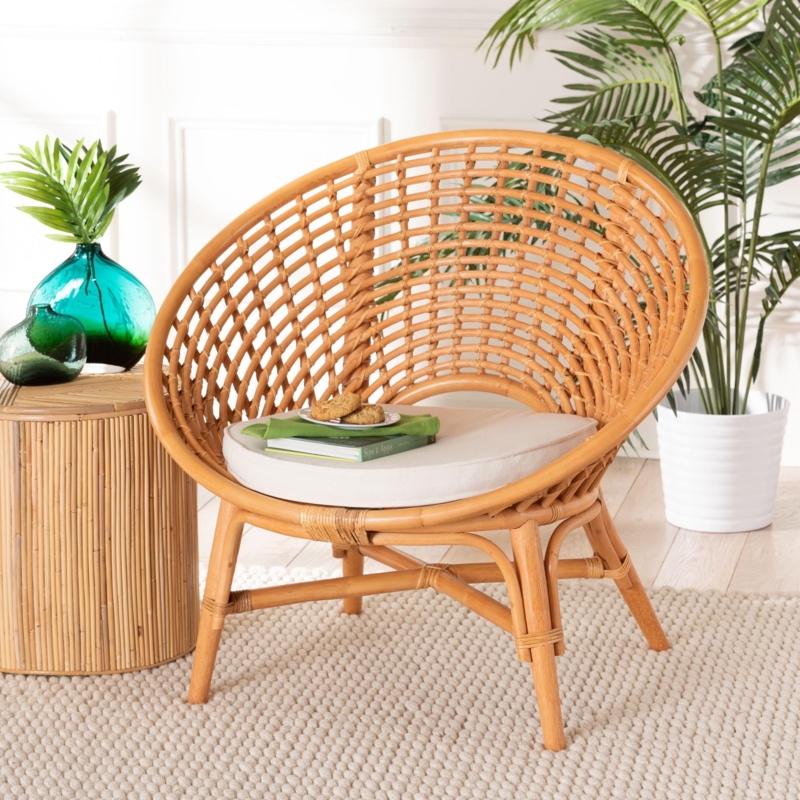 Accent Chair with Rattan Frame & White Cushions, Boho Coastal Lounge