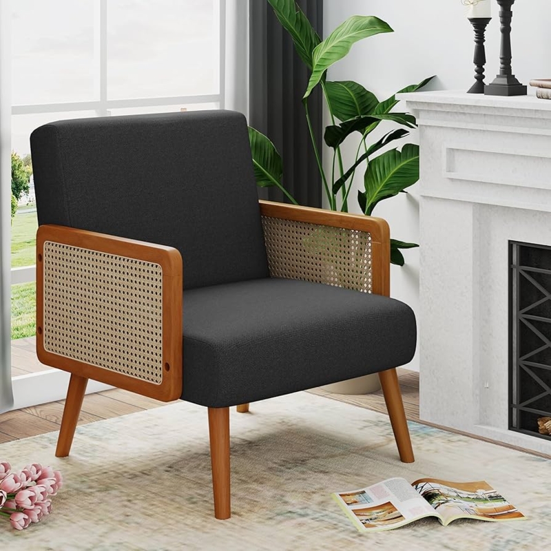Accent Chair with Rattan Side Panels and Grey Linen Upholstery