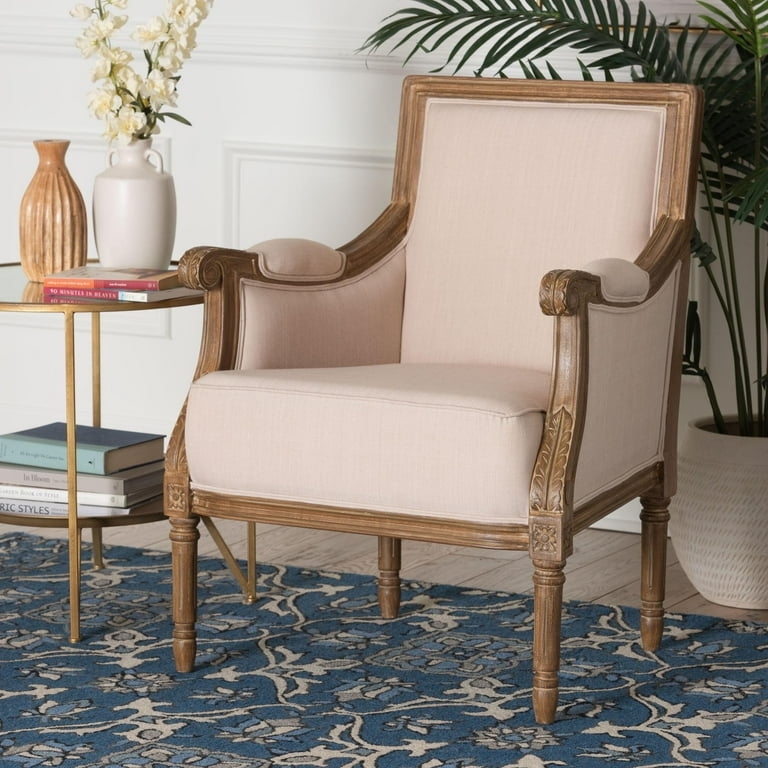 Accent Chair with Scalloped Apron, Cabriole Legs, and Beige Fabric