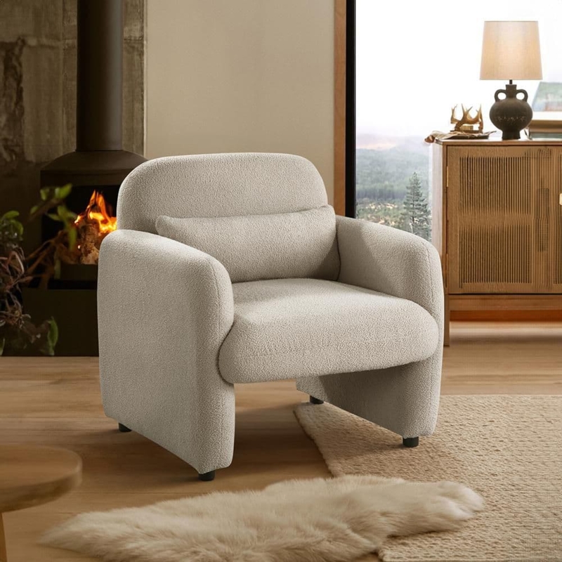 Accent Chair with Sculptural Silhouette and Cream Boucle Upholstery