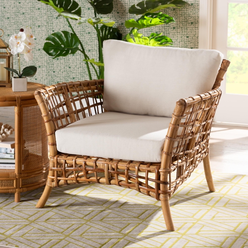 Accent Chair with Sculptural Silhouette, Arched Back Woven Rattan Boho