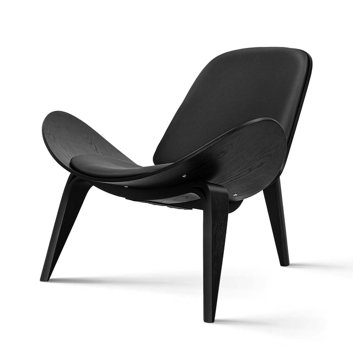 Accent Chair with Sculptural Wooden Frame and Black Leather-Like Seat