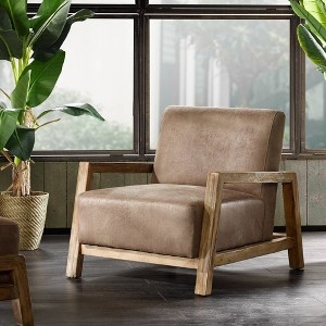 Accent Chair with Square Arms, Natural Wood Frame & Taupe Faux Leather