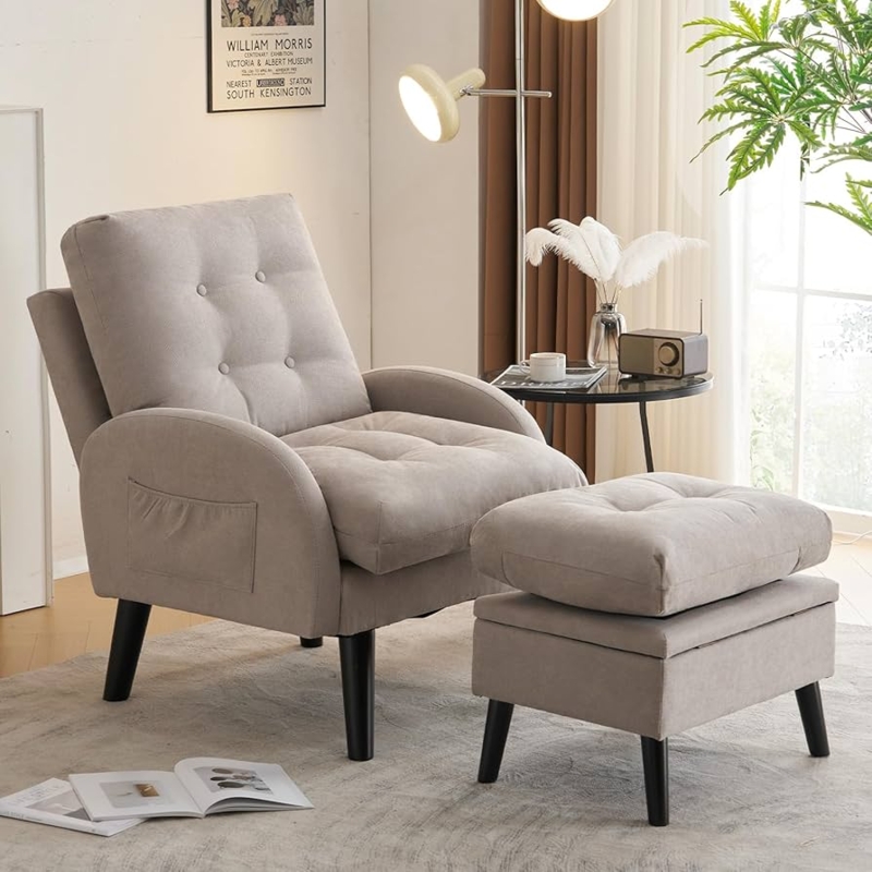 Accent Chair with Storage Ottoman, Light Grey Tufted Fabric & Side Pocket