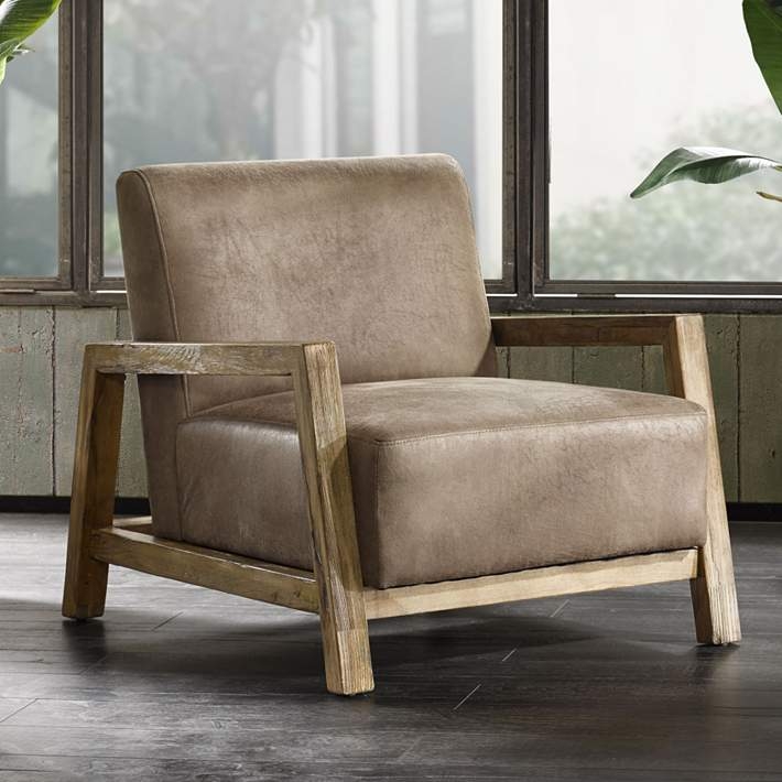 Accent Chair with Taupe Upholstery and Exposed Wood Frame