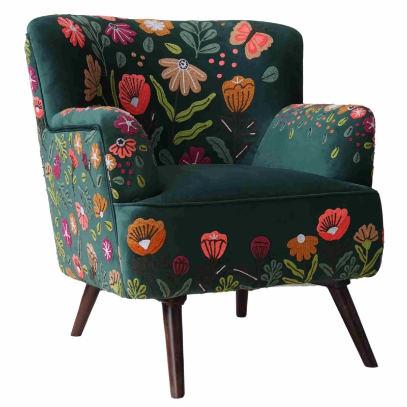 Accent Chair with Vibrant Floral Embroidery, Boho Dark Wood Frame Ivory Seat