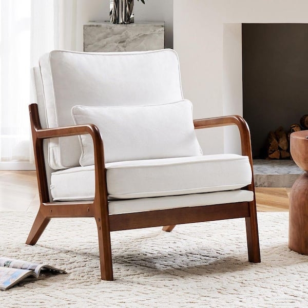 Accent Chair with Wood Toned Frame and Lumbar Pillow in Beige Linen