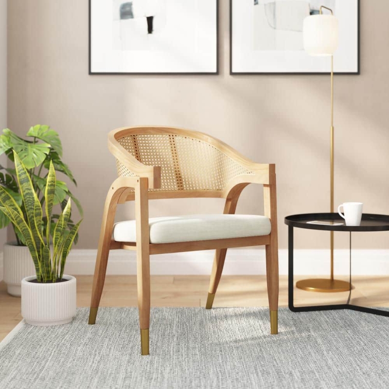 Accent Chair with Woven Cane Backrest and Natural Wood Frame