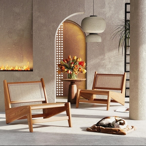 Accent Chair with Woven Rattan Panels, Armless Low Profile Mid Century