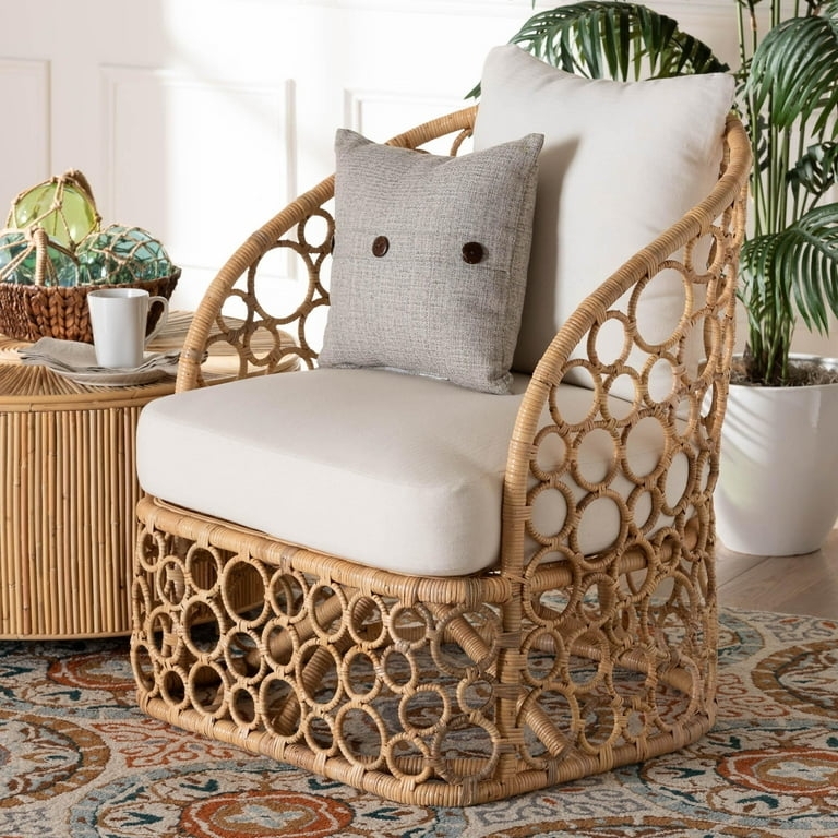 Accent Chair with Wrap-Around Arms, Woven Cane Coastal Rattan Seat