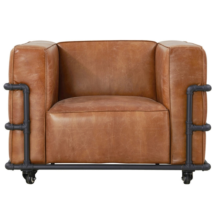 Accent Chair Wood Arm Caps Slim Black Frame Light Brown Leather Like